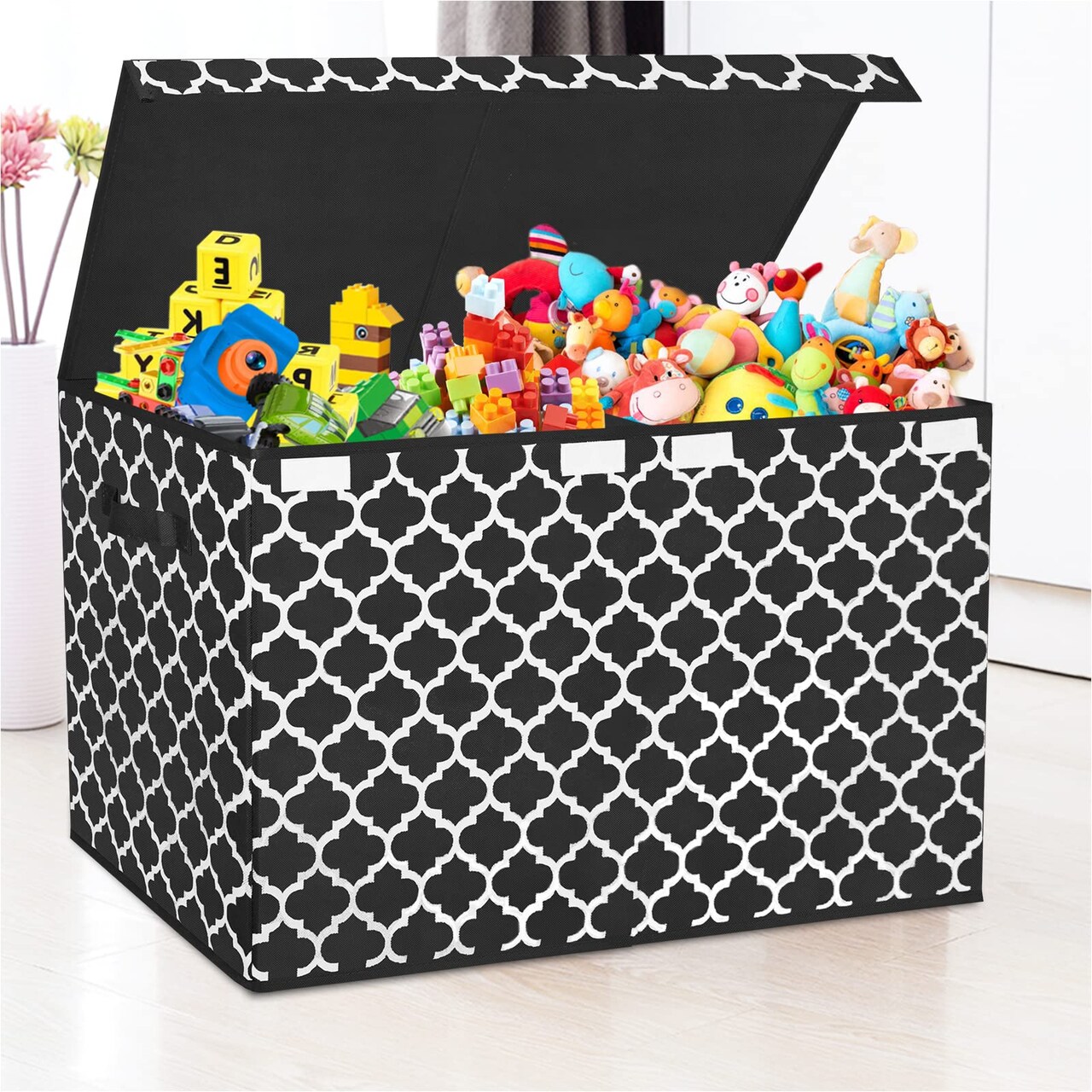 Large Toy Storage Organizer with Lid and Divider - Durable Toy Box for Boys, Kids, Toddler, Collapsible Toy Chest for Living Room Area, Playroom, Nursery, Black